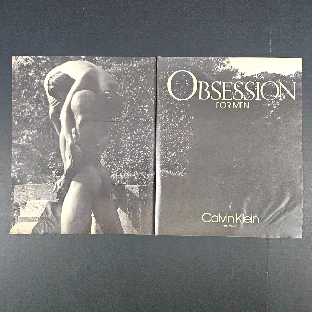 1989 Calvin Klein Obsession Cologne For Men Vintage Print Ad Nude Couple Outside